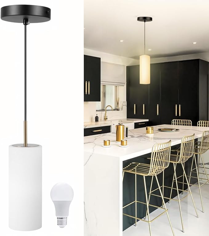 Luxury Black Pendant Light with Gold Finish and Warm White Bulb Included Adjustable Height - Farmhouse Pendant Light with Durable Glass for Dining Room Bedroom Office Bar Entryway