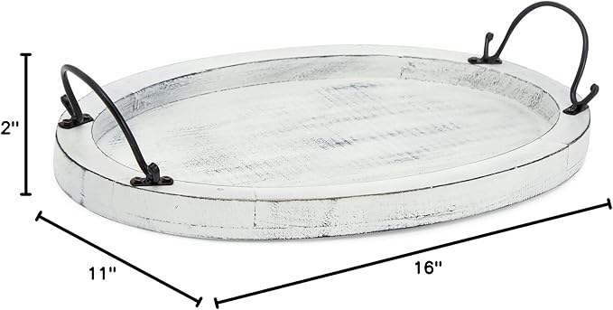 Farmlyn Creek Wooden Tray - 16 x 11 x 2 in, Rustic White Oval - Serving Platter with Handles for Coffee Table Decor & Bed Tray Use - Table Centerpiece for Farmhouse Decor