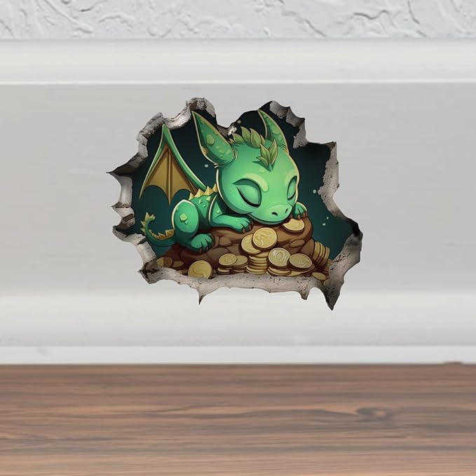Sleeping Dragon Cute Hole in Wall Kids Sticker - Funny Hole in Wall 3D Prank Peel and Stick Sticker Decal - Premium Quality Vinyl Bumper Stickers 2-Pack | 5-Inch on Widest Side | Made in USA FHJ1378