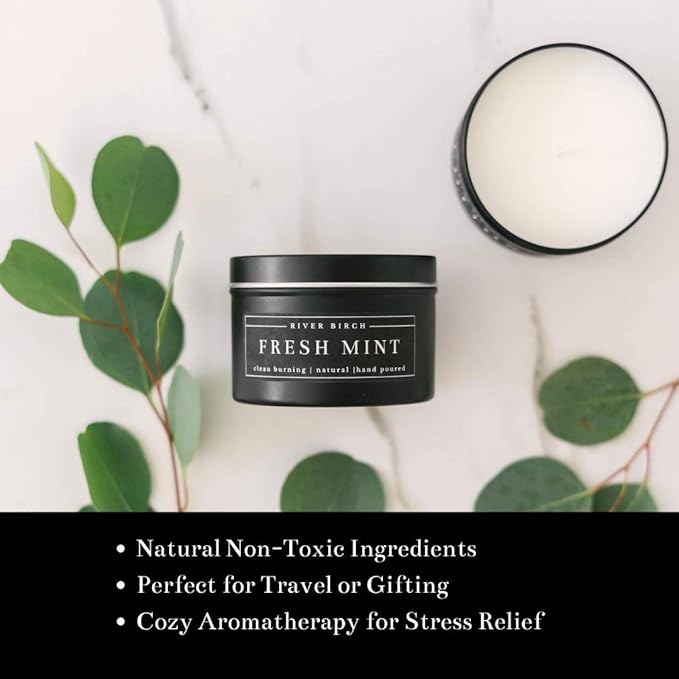 River Birch Candles Fresh Mint Scented Candle | Premium, All-Natural, Non-Toxic, Soy Candles | 8 oz. Black Matte Tin Travel Candle | Cozy Relaxing Gifts for Home