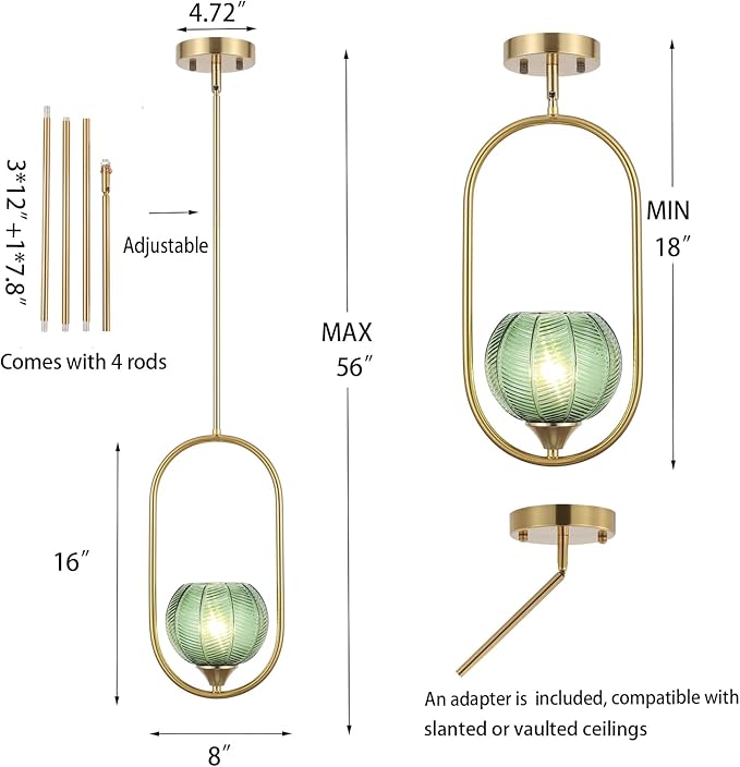 Modern Gold Globe Pendant Light with Green Globe Glass Lampshade Mid Century Chandelier 1-Light Brushed Brass Frame Ceiling Hanging Lighting Fixture for Kitchen Island Dining Room Bedroom