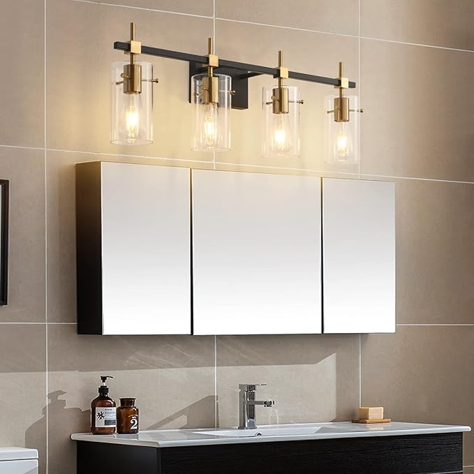 SOLFART Farmhouse Brass Bathroom Vanity Lights fixtures Over Mirror Vintage Bathroom Lighting Wall Sconce with Glass Shade 4 Lights