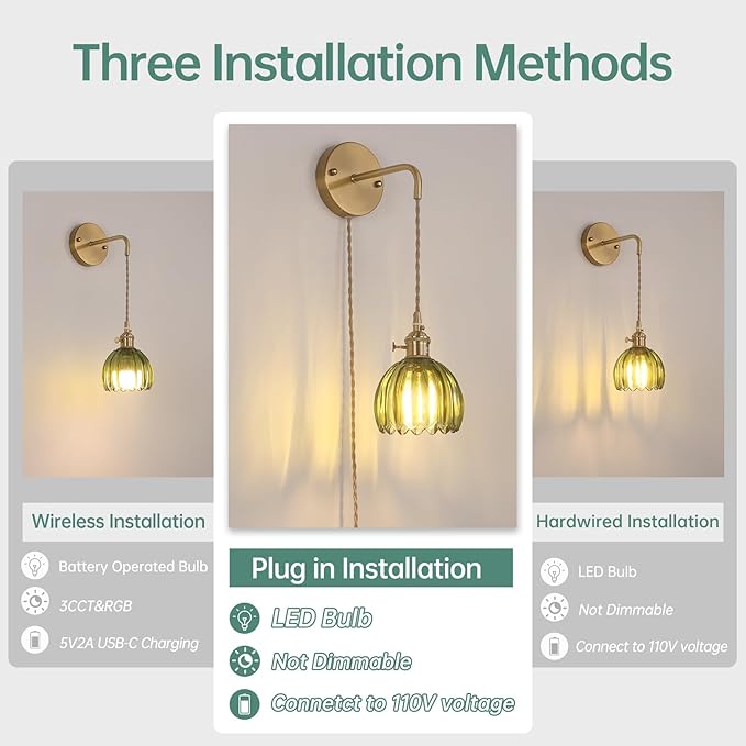 Vintage Wall Sconce Wall Lamp with Green Tulip Glass Shade Hanging Wall Sconce with 4.9FT Plug in Cord, Modern Wall Lamp Fixtures Decor for Bedside Bedroom Indoor Doorway
