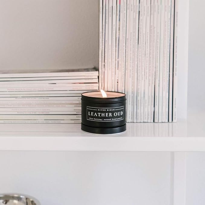 River Birch Candles Leather Oud Scented Candle | Premium, All-Natural, Non-Toxic, Soy Candles | 8 oz. Black Matte Tin Travel Candle | Cozy Relaxing Gifts for Home