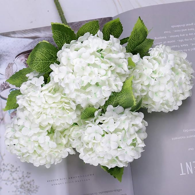 GREENTIME 13” Artificial Hydrangea Flowers Faux Hydrangea Bouquet with 7 Head 3.15” Tiny Hydrangea for Vase Wedding Bouquet Home Decor DIY Baby Shower Centerpieces Tables Decoration(White)