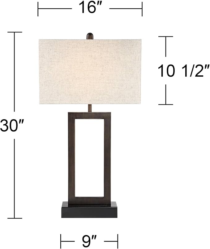 360 Lighting Todd Modern Minimalist Table Lamp with USB Charging Ports A+C and AC Power Outlet in Base 30" Tall Bronze Rectangular Oatmeal Fabric Shade Living Room Bedroom House Bedside Nightstand