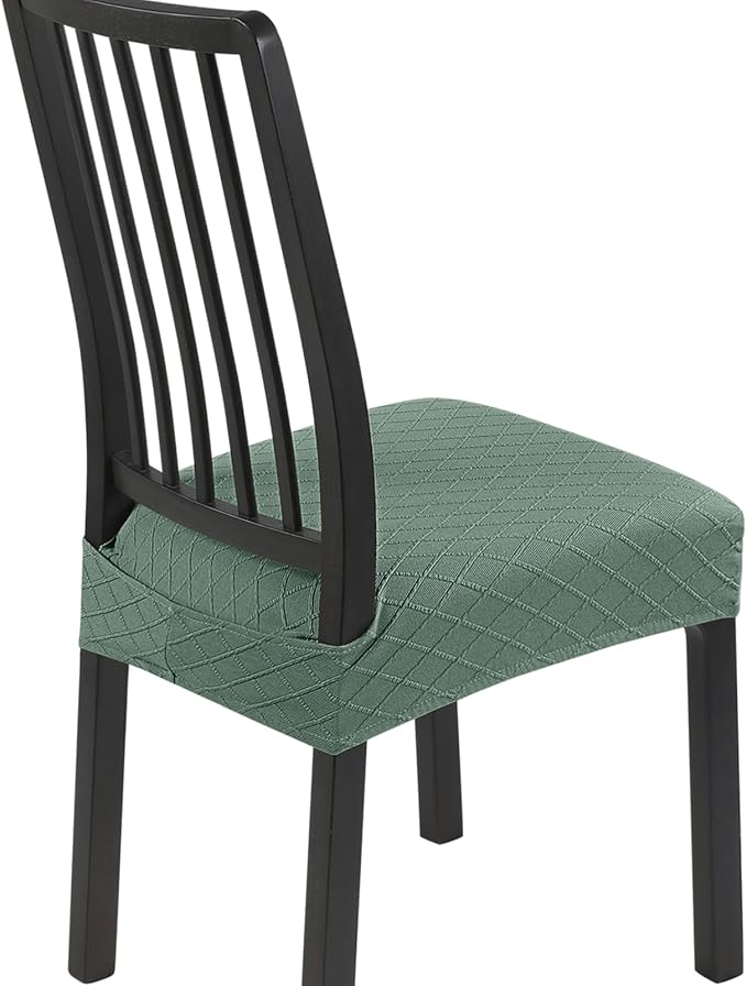 SearchI Stretch Dining Chair Seat Covers Set of 4, Soft Removable Washable Seat Covers for Dining Chairs, Dining Room Seat Cover Protector (Rear-Covered, Check Jacquard Green)