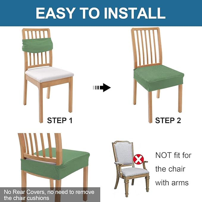 Smiry Waterproof Seat Covers for Dining Room Chairs Set of 8, Stretch Jacquard Removable Washable Chair Seat Slipcovers Protector, No Rear Covers, Green