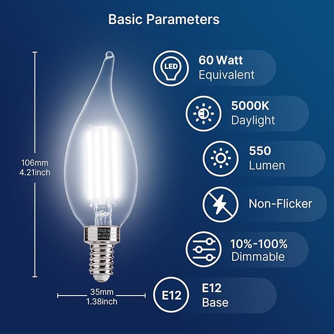 FLSNT LED Candelabra Light Bulbs, CA11 E12 Chandelier LED Light Bulbs 60W Equivalent, 5000K Daylight, 550LM, 5.5W, 90+ High CRI, AC 120V, 6 Pack, Dimmable UL,CA65 Listed.
