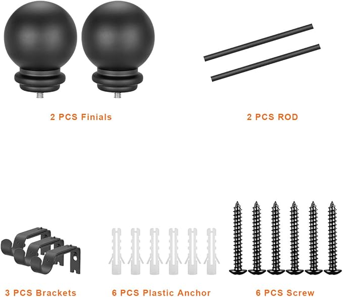 YunNephele Adjustable Window Curtain Rods 36-72 inches Matte Black, Classic Ball Finial Design Curtain Rod Set, Single Metal Iron Drapery Rod, 1 inch Heavy Duty Curtain Rod