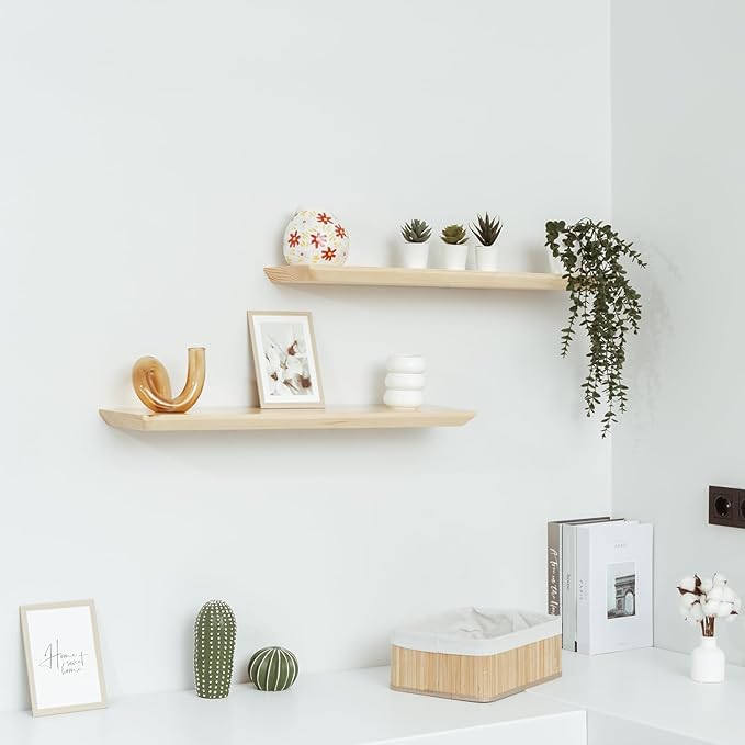 Natural Pine Floating Shelves - Bathroom & Bedroom/Living Room - Set of 2 (30x6.7x1.2 inch)