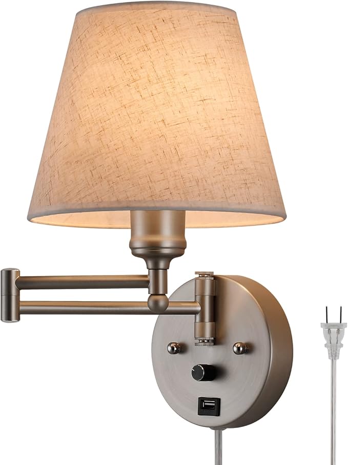 Swing Arm Wall Lamp Wall Mount Lamp with Cord Plug in Wall Sconce Lighting with Dimmable On Off Switch Wall Light with USB Port Plug in Wall Lamp for Bedroom Reading Satin Nickel Finish