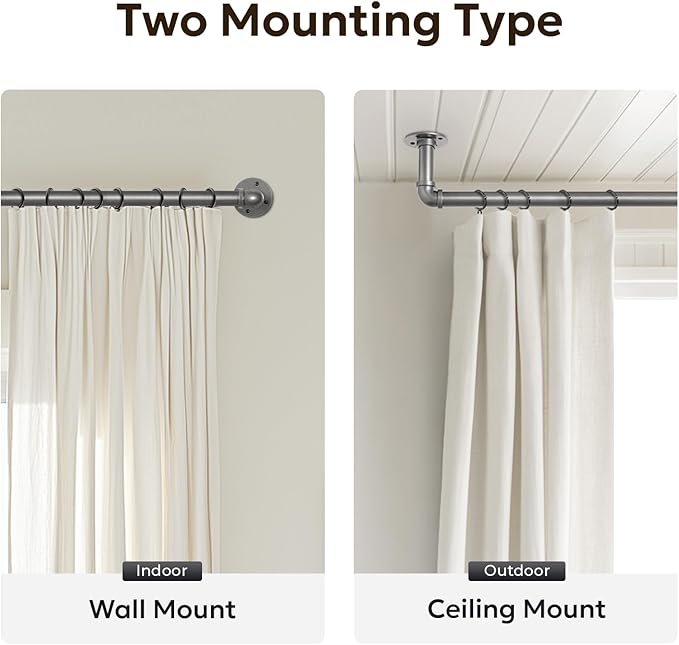 Zeerobee Curtain Rods for Windows 48 to 84, 1 Inch Industrial Wrap Around Curtain Rod, Indoor/Outdoor Room Divider Adjustable Drapery Pole, 48"-86", Grey
