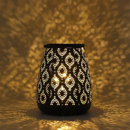 TRIROCKS Set of 6 Moroccan Style Metal Lamp 8''H Battery Operated Cordless Table Lamp Vintage Lantern for Living Room Garden Yard Patio Parties Event Indoors Outdoors (Black with Gold Brush)