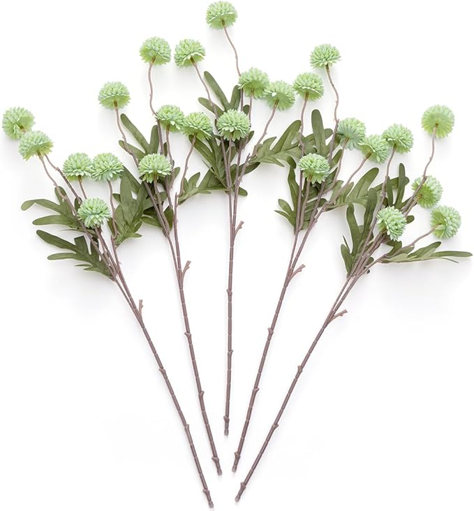 Laelfe Fall Flowers Artificial Pompon Mum, 5Pcs Fake Kiku Flowers Silk Small Mini Chrysanthemum Ball Faux Mum Decor for Autumn Filler DIY Bouquet Centerpieces Arrangements Shower (Green)