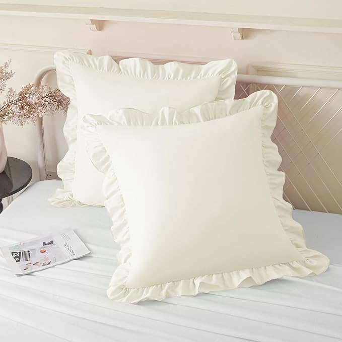 KKJIAF Ruffle Pillow Cases 24x24 Inches, Beige Square Ruffled Pillow Covers Set of 2, Microfiber Wrinkle Resistant Pillow Shams with Envelope Closure for Sofa Bed Living Room