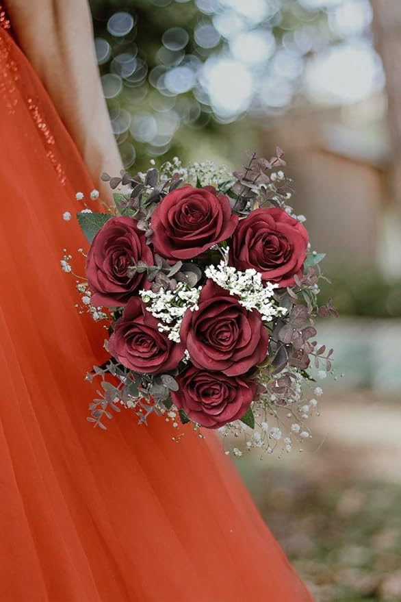 Artificial Rose Flower Artificial Flowers Flower with Long Stem Silk Roses Bouquet for Wedding Bridal Shower Party Home Decoration (Burgundy, 30 Pcs)