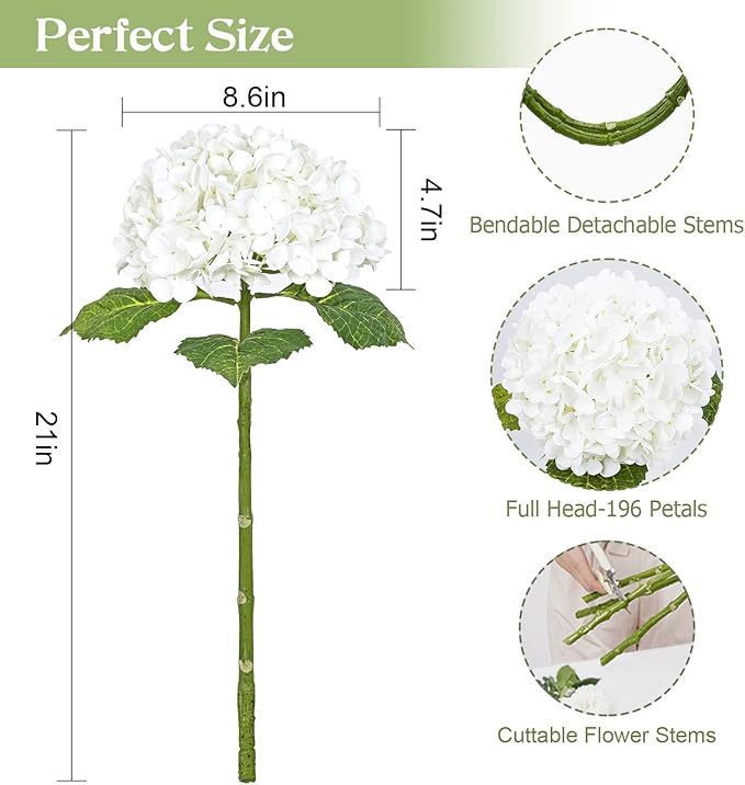 Waipfaru 21" Real Touch White Hydrangea Artificial Flowers with Long Stem & Leaves, Full Latex Faux Hydrangea Flowers for Home Decor Party Floral Arrangements Wedding Bouquets Centerpieces, 3Pcs
