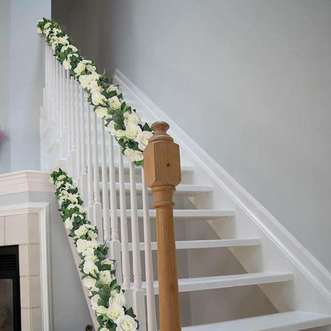LESING Rose Garlands Artificial Rose Vines,4PCS(28.8FT) Fake Silk Flower Garland with Greenery Plants Wedding Hanging Flower Vines Garlands for Home Office Arch Garden Decoration (White)