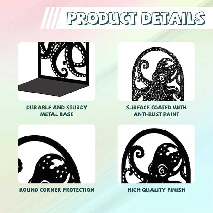 Peacoblue Metal Bookends for Shelves, Modern Decorative Heavy Duty Study Book Support Stoppers for Office, Desk, Shelf, Room 5.3"x4.3"x7.9" Cast Iron Simple Tall Bookends, 1 Pair (Octopus)