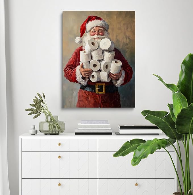 Funny Toilet Humor Decor, Santa on Toilet Print, Restroom Amusing Gift, Christmas Bathroom Wall Decor - 24x32inch Unframed