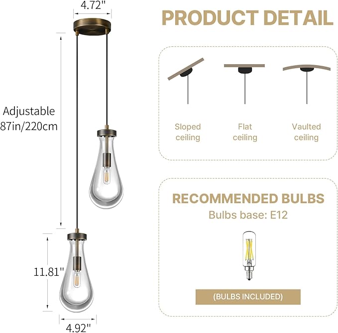 Raindrop Pendant Lights Kitchen Island: 2 Head Vintage Copper Teardrop Hanging Light - Durable Crystal Pendants Light over Dining Table - Raindrop Lighting Fixture for Bedroom Hallway Bulb Included