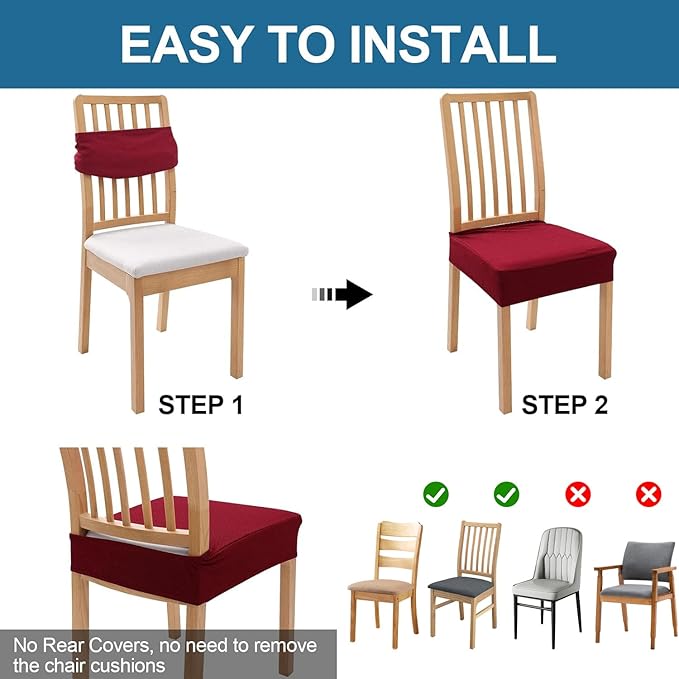 Smiry Waterproof Seat Covers for Dining Room Chairs Set of 8, Stretch Jacquard Removable Washable Chair Seat Slipcovers Protector, No Rear Covers, Wine Red