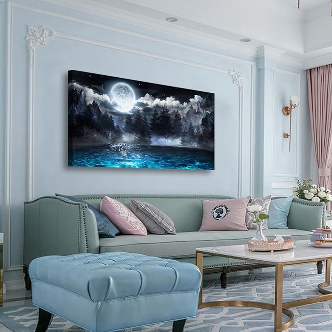 Moon Ocean Pictures Canvas Wall Art for Living room Office Bedroom Wall Decor,Ocean Wall Art Print Paintings Modern Mystery Cloud Forest Blue Lake Artwork Waterproof Ready to Hang-24X48 inch