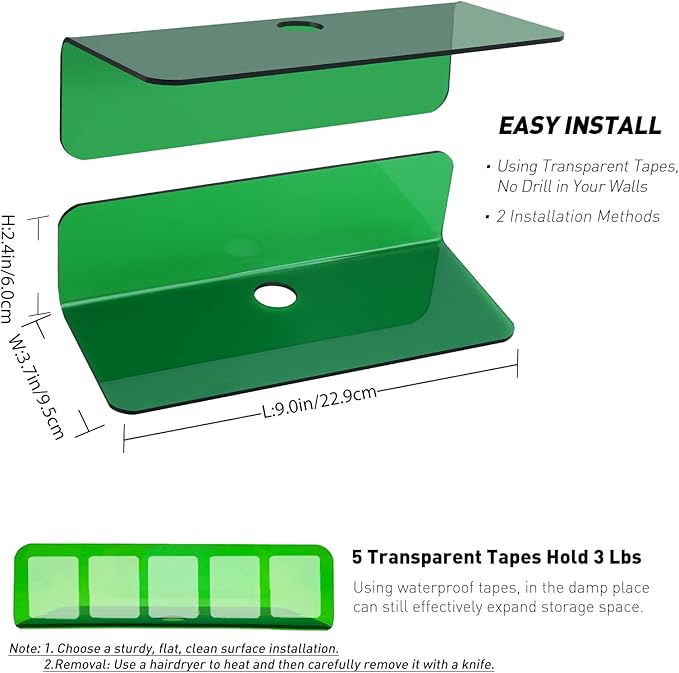 OAPRIRE Wall Mount Shelves Set of 2 for Bedroom, Bathroom, Kids Room & More - Drill Free Acrylic Shelf with Cable Clips, Waterproof Strong Adhesive, Easy to Install (Emerald)