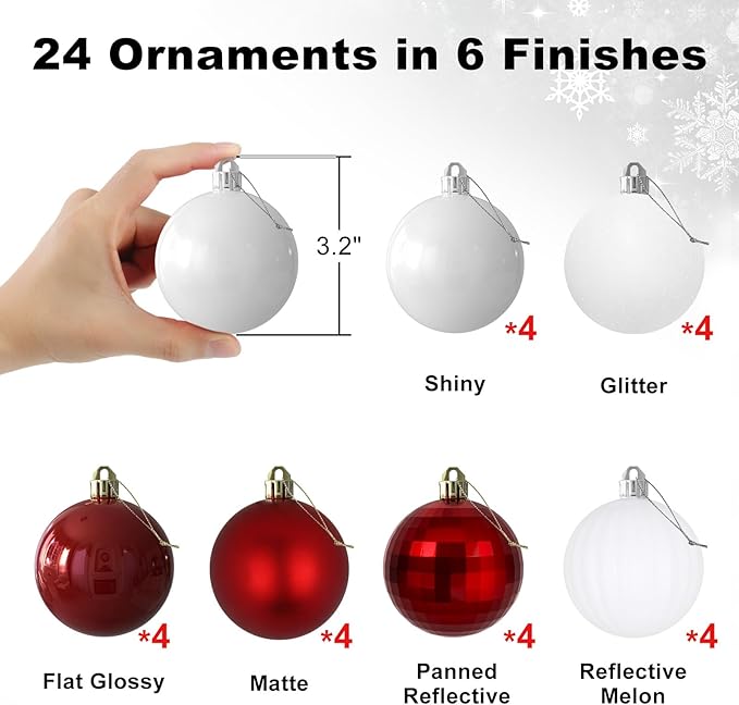 Red & White 3.2" Large Christmas Balls - Christmas Tree Decoration Ornaments Shatterproof Hanging Balls for Birthday Halloween Holiday Wedding Decorations Set of 24pcs