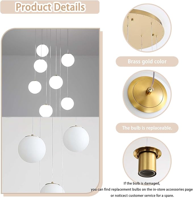 10-Lights Globe Chandelier Gold Pendant Lighting Fixture Hanging Ceiling Light for Dining Room, Kitchen Island,High Ceiling Chandelier Glass Ball Hanging Lighting for Living Room Staircase Entryway