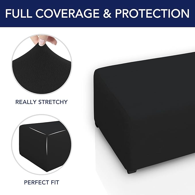 PureFit Super Stretch Soft Form Fit Ottoman Cover Rectangle - Ottoman Slipcovers for Foot Stool & Folding Storage Furniture for Living Room with Nonslip Elastic Bottom (Small, Black