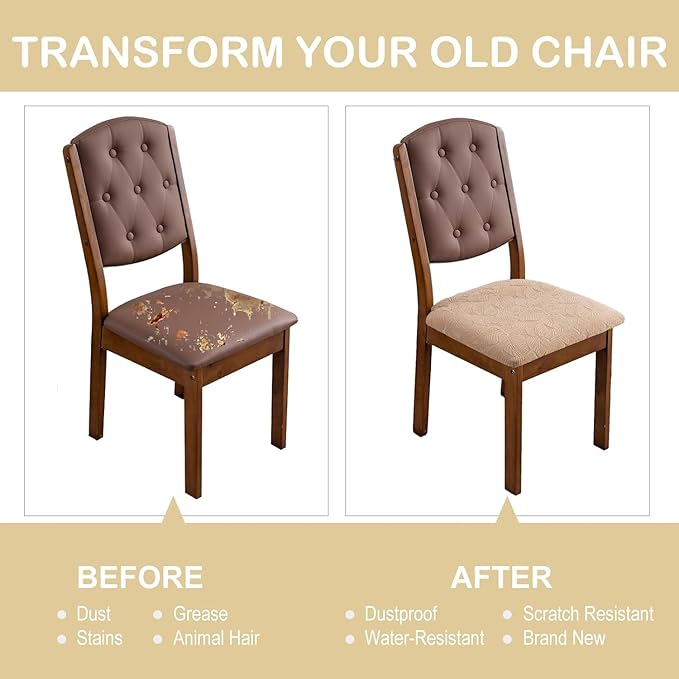 Waterproof Chair Seat Cover for Dining Room-Stretchy Washable Chair Seat Covers Set of 6-Kitchen Chair Seat Slipcovers Protector for Home Restaurant Banquet (Khaki,Large)