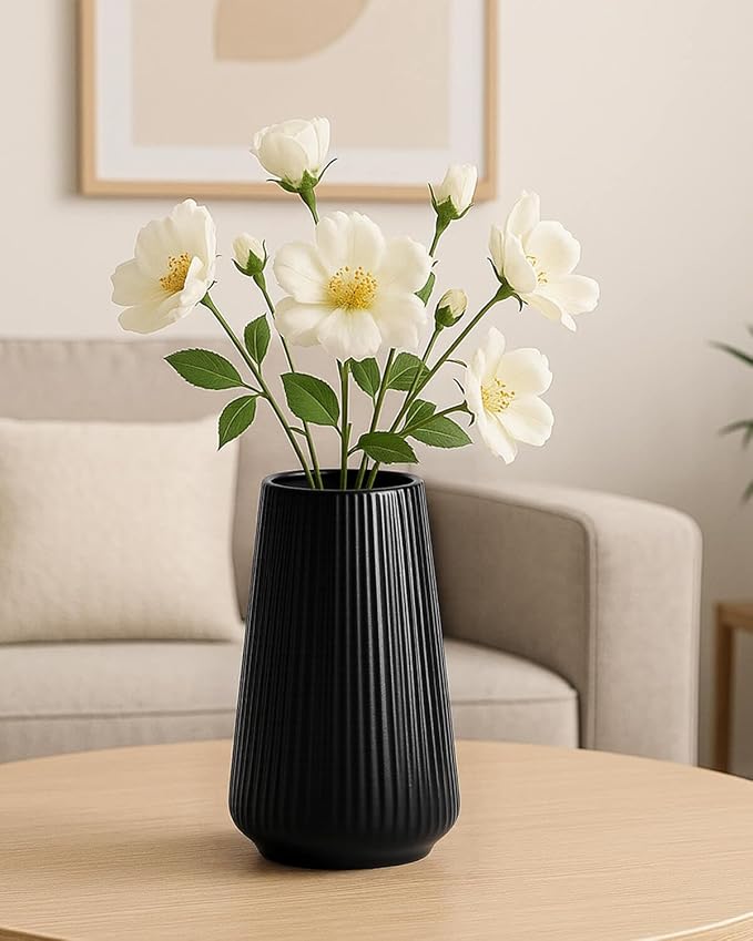 Black Ceramic Vase – Frosted Elegant Flower Vase for Pampas Grass, Dried or Fresh Flowers, Modern Minimalist Farmhouse Home Decor for Living Room, Dining Table, Wedding Centerpiece