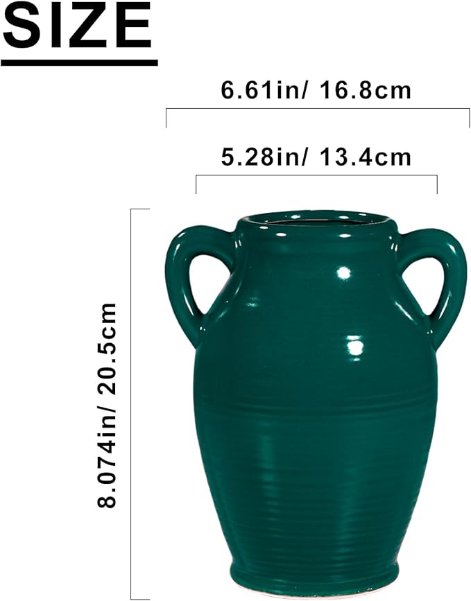 Sunddo Modern Ceramic Vase for Decor - 8 Inch Green Decorative Vase with 2 Handles, Pampas Grass Vases for Centerpieces, Living Room,Table Dining, Mantle, Console, Kitchen Decor