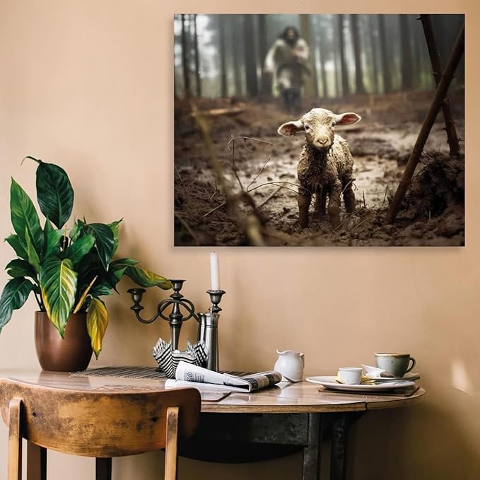 Jesus and Lamb Canvas Wall Art Jesus Running After Lost Lamb Picture Wall Art Canvas Print Christian Home Decor 20x16 inch