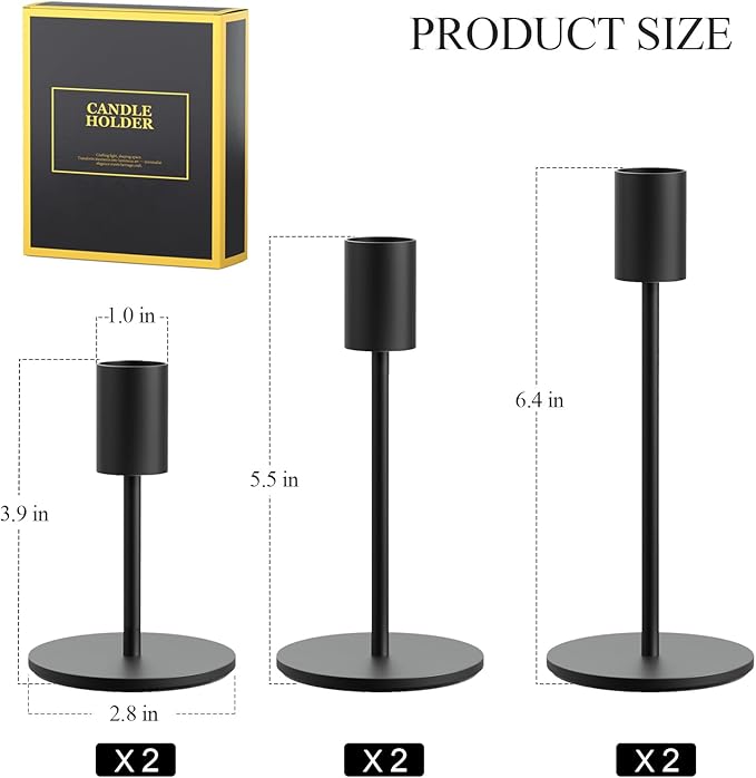 FSyueyun Black Candle Holder Taper Candle Holders, Set of 6 Candle Stick Holders Decor for Mantel Table Centerpiece, Used for Wedding, Dinning, Housewarming Gift