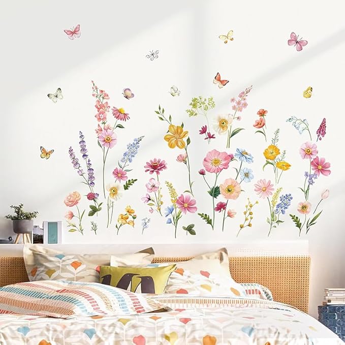 Butterfly and Wild Flower Wall Decals Peel and Stick for Girls Room Wall Decals, Living Room, Nursery, Removable Waterproof Stickers & Murals for Home Decor