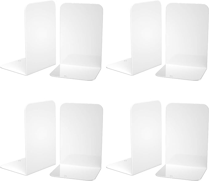 VFINE Bookends 4 Pairs, White Metal Book Ends, Bookends for Shelves, Book Stopper for Heavy Books, Book Dividers for Home Office
