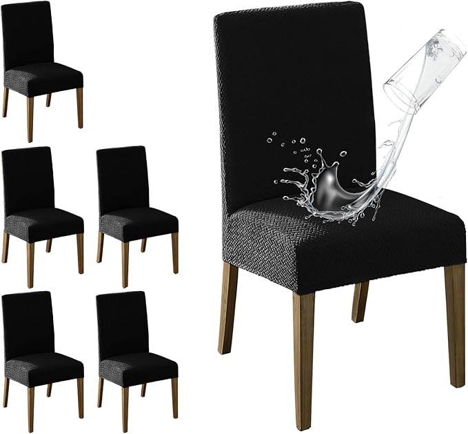 MOSAYT 100% Waterproof Dining Room Chair Covers Set of 6, Super Fit Stretch Jacquard Parson Chairs Slipcovers Removable Washable Chair Seat Protectors for Home, Kitchen, Banquet (Black - XL)