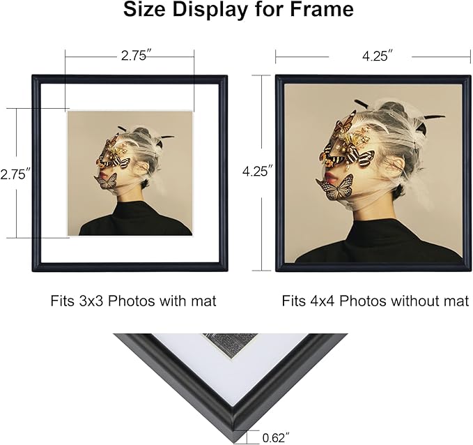 4x4 Picture Frame Set of 4, Matted Black Simple Modern Brushed Thin Aluminum Metal Square Photo Frame Fits 3x3 with Mat or 4 x 4 without Mat Display For Tabletop or Wall Collage