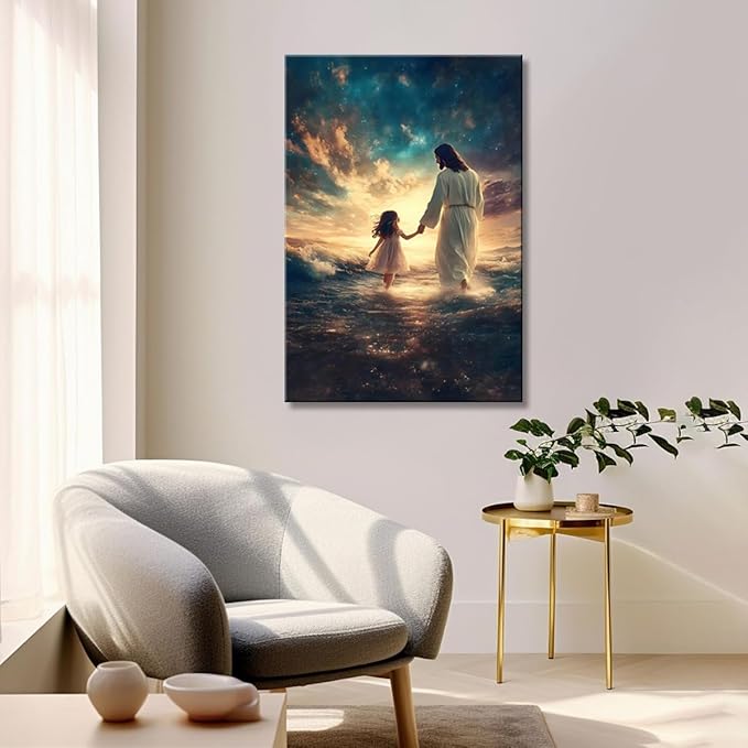 Eysintum Framed Jesus Wall Art Jesus with Girl Canvas Print Christian Faith Poster Inspirational Home Decor for Kids Room Nursery Living Room 16x24in Ready to Hang
