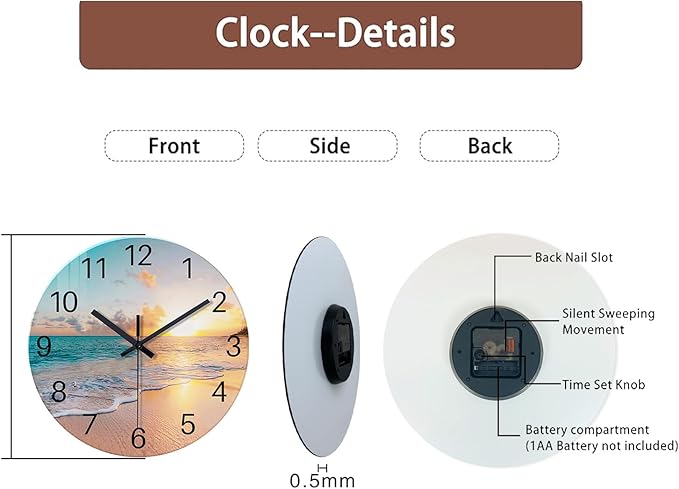 Beach Wall Clock Battery Operated 12 Inch Glass Wall Clock Non Ticking Analog Blue Wall Clocks for Bedroom Living Room Office Decor