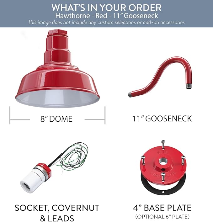 Steel Lighting Co. Hawthorne Barn Light | Outdoor Wall Mounted | 8 inch Dome | 11 inch Gooseneck| Small Farmhouse Light Made in America | Red Exterior/White Interior