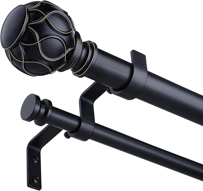 Black Double Curtain Rod, 72 to 144 Inch Extra Long Dual Curtain Rods with Boho Netted Texture Finial, Decorative 1 Inch Adjustable Window Treatment Rod, Antique Vintage Farmhouse Double Drapery Pole