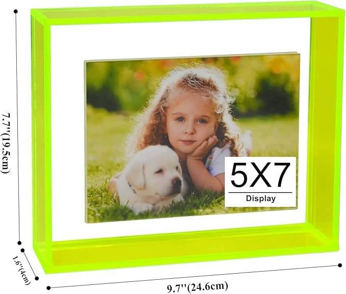 5x7 Acrylic Picture Frame Neon Floating Photo Frame for Wall Mount and Tabletop Decorative in Gallery Home Office, Neon Green