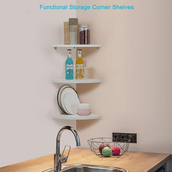 Joiishom Corner Wall Shelf Set of 3, Floating Corner Shelves for Wall, Rustic Wood Wall Storage Display Shelves for Living Room Bedroom Bathroom Kitchen (Round Edge-White)