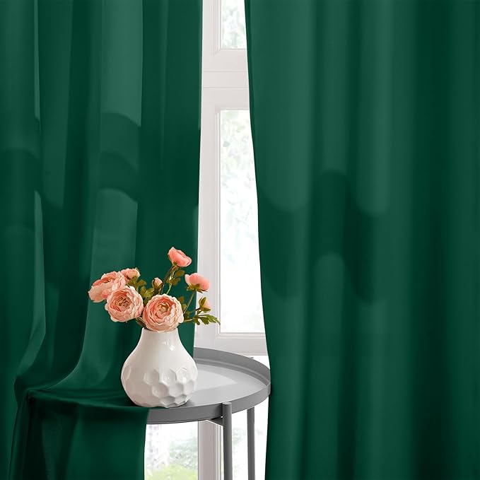 HOMEIDEAS Non-See-Through Dark Green Privacy Semi Sheer Curtains 63 Inches Long 2 Panels Set Light Filtering Curtains for Living Room Bedroom Drapes,W52xL63