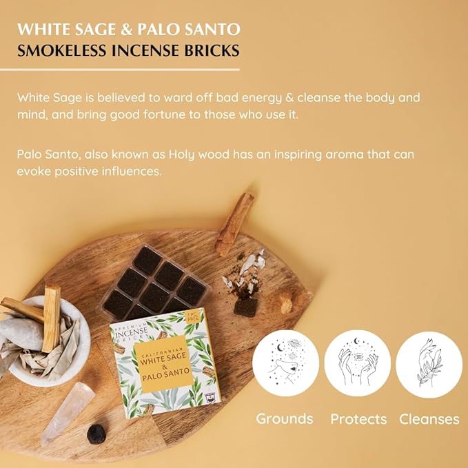 White Sage & Palo Santo Incense Bricks with Taj Exotic Burner by Aromafume | 2x9 Bricks | Sage Incense for Cleansing Negative Energy & Protection | Sage for Smokeless Smudging, Spiritual Cleansing