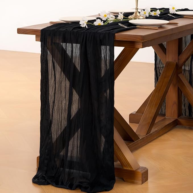 Socomi 10pcs Black Cheesecloth Table Runner Boho Rustic Gauze Valentine's Day 120 inch 10FT Cheese Cloth Runner for Wedding Party Baby Shower Birthday Home Decor Holiday Decorations